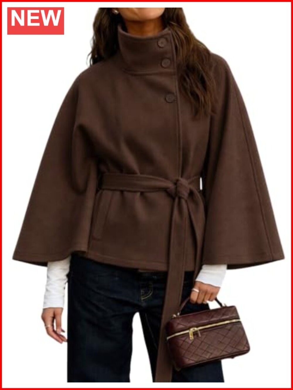 Wool Blend Batwing Sleeve Poncho Coat Stand Collar Belted Winter Jacket